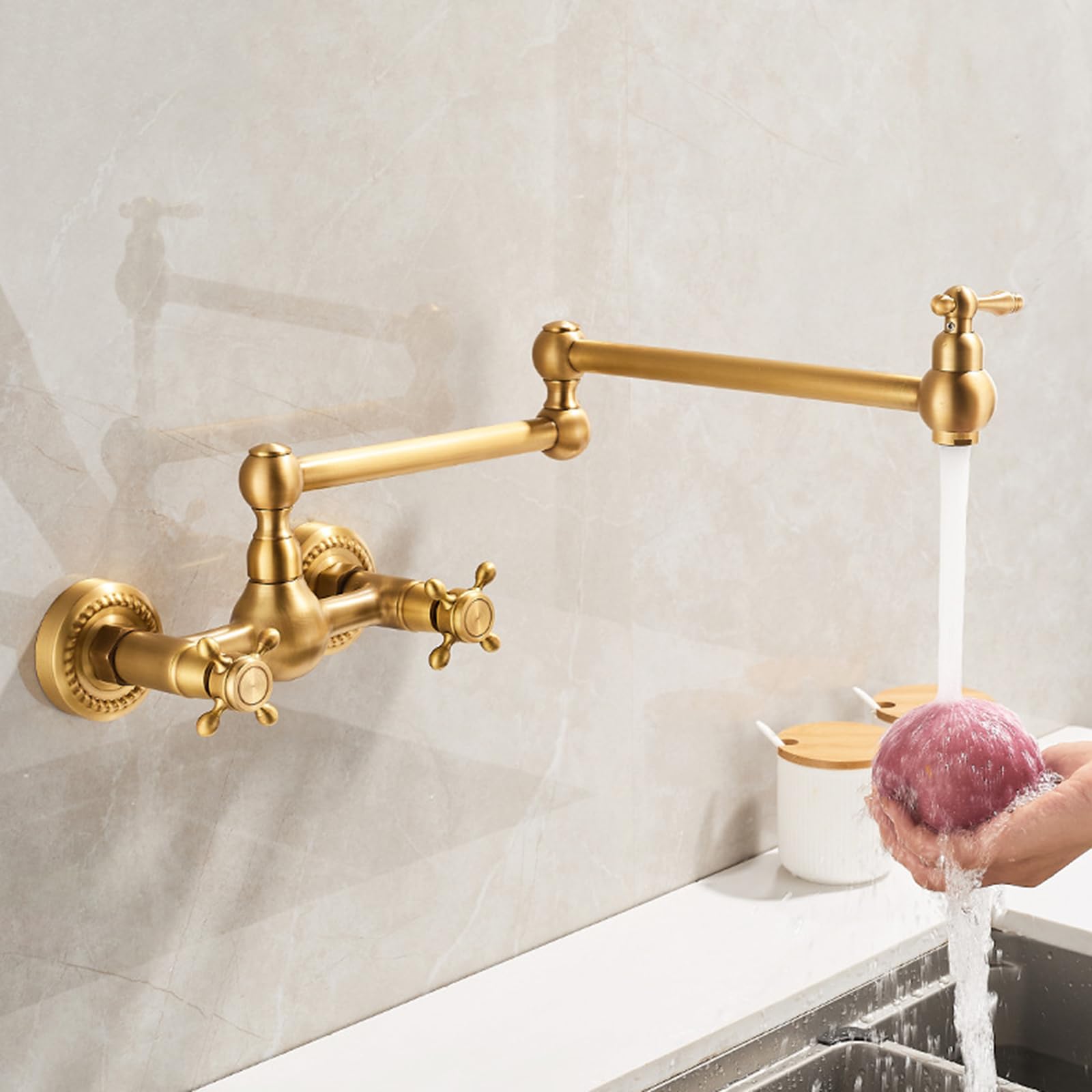 XJTNLB Küchenarmatur Wandmontage Wasserhahn Küche Wandmontage Faltbar Zweigriffmischer Küche Wandarmatur Retro Gold