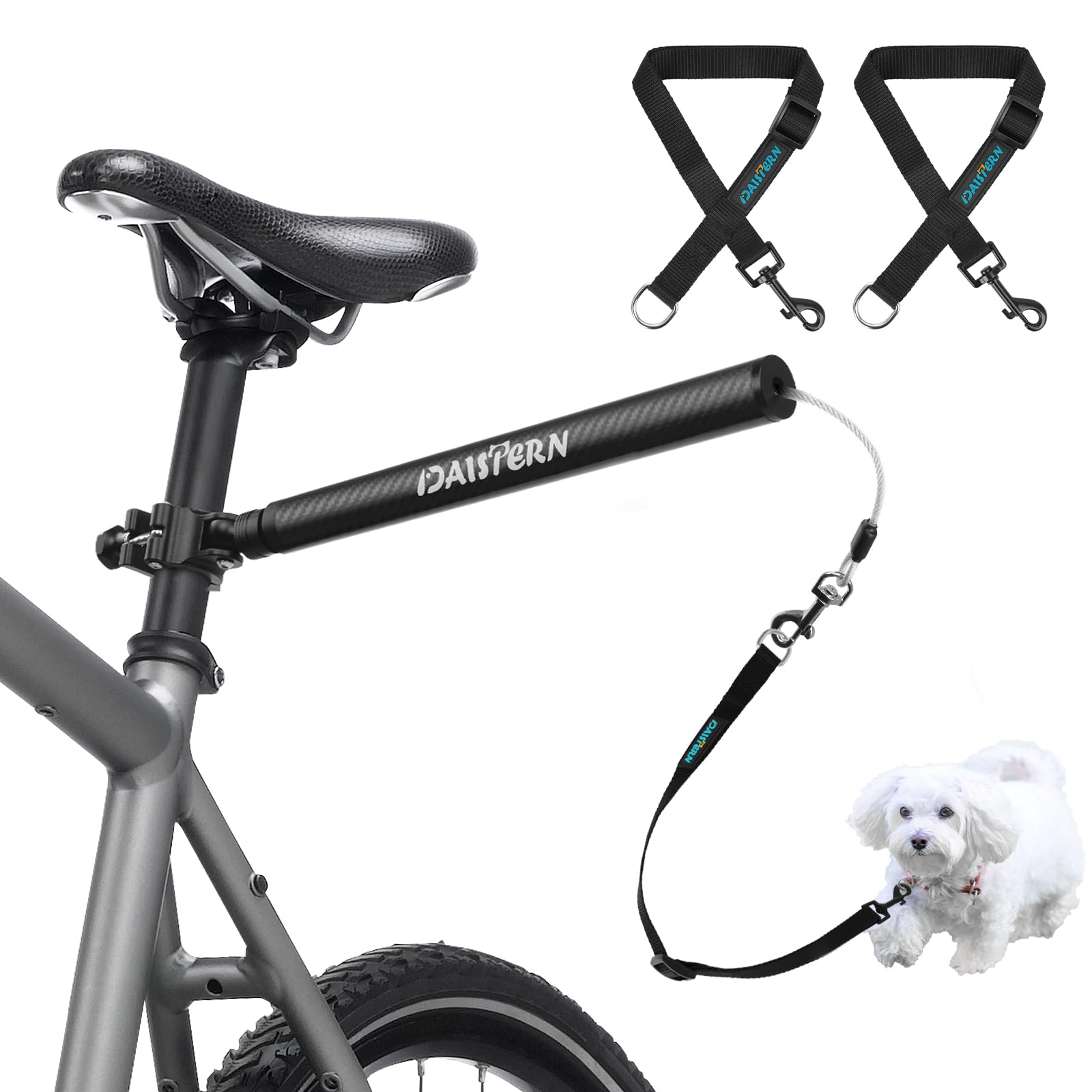 Laisse de Vélo pour Chien, Rotation à 210°, Barre en Fibre Carbone et Collier de Serrage en Alliage d'Aluminium, Laisse Mains Libres avec Ressort Amortisseur, Mécanisme de Montage Rapide