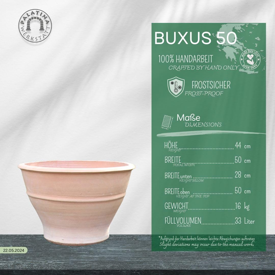 Palatina Werkstatt winterfester Terracotta Blumentopf, Pflanzkübel 50 cm breit Pflanzschale für Außen Terrasse Garten, Buxus