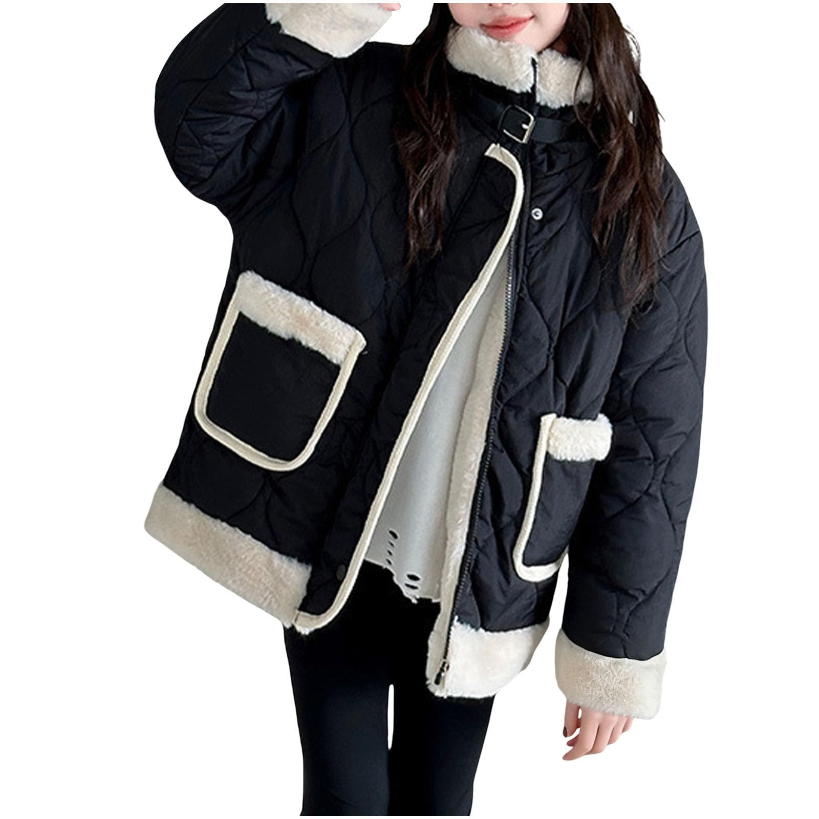 Abrigos con forro de sherpa para niñas, chaquetas acolchadas de forro polar de gran tamaño, con solapa y botones, con cremallera, abrigos con bolsillos, chaqueta de invierno para clima frío de
