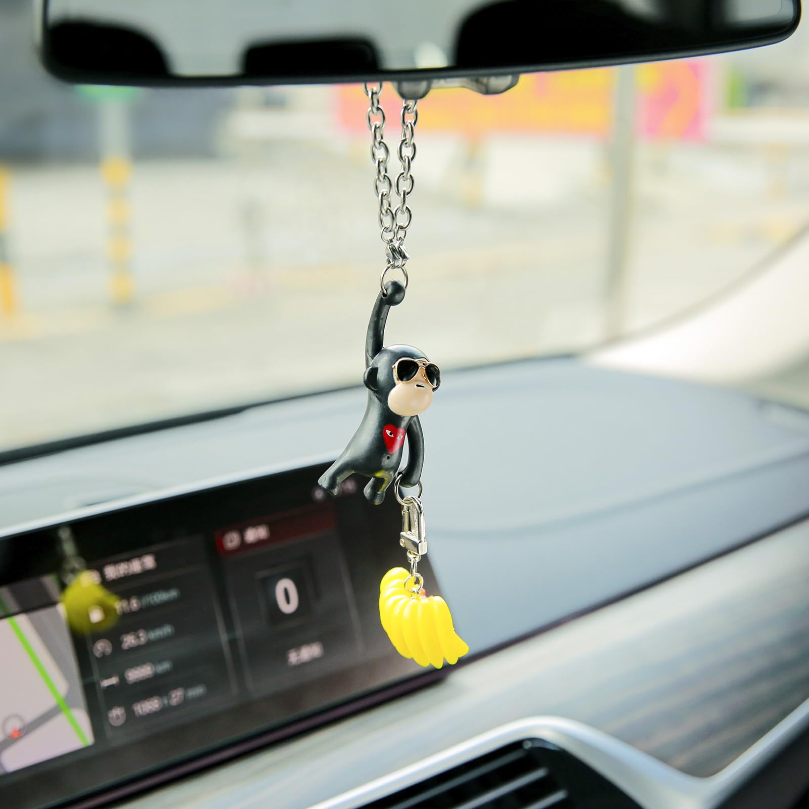 YGMONER Wearing Sunglasses Monkey Car Interior Rear View Mirror Hanging Ornaments (Black & Banana)