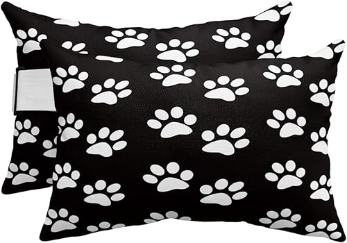 Houseall Almohadas lumbares para exteriores con inserto, huellas de patas de perro en blanco y negro, almohadas impermeables para patio, correa
