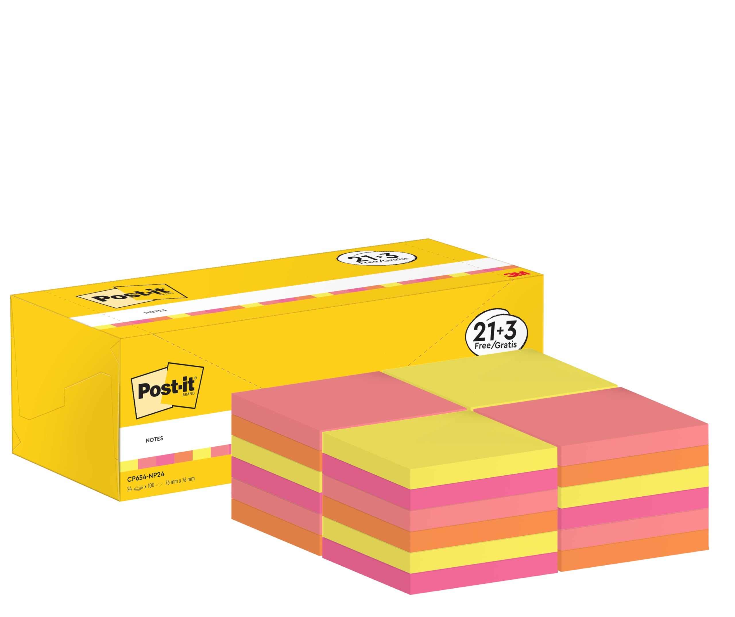 Post-it Notes Assorted Neon Colours, Value Pack, Pack of 21 + 3 FREE Pads, 100 Sheets per Pad, 76 mm x 76 mm - Extra Sticky Notes For Note Taking, To Do Lists & Reminders