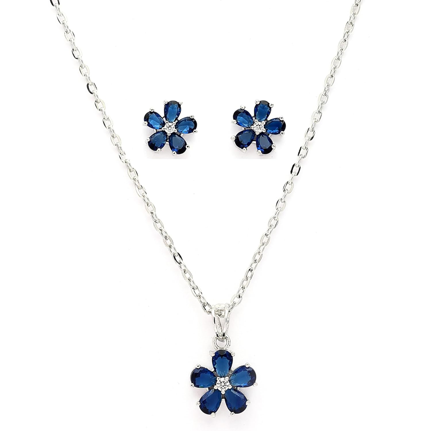 ZENEME Rhodium Plated Silver Toned American Diamond Studded Floral Shaped Pendant Chain With Earrings Jewellery Set For Women And Girls