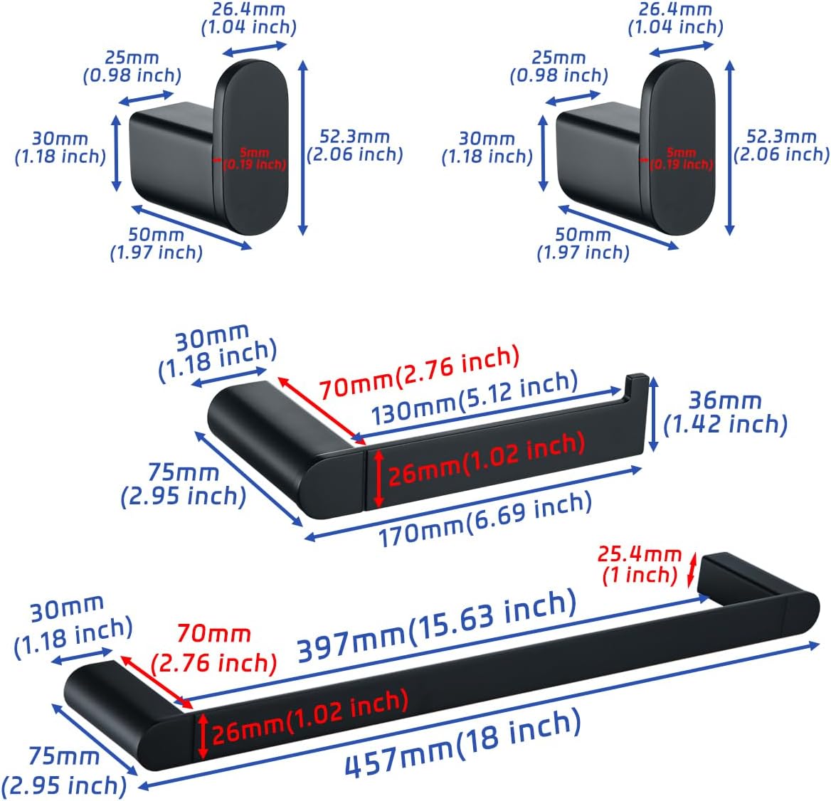 Bathroom Hardware Set, 4-Piece Bath Accessories Set Matte Black Wall Mount Includes 18 Inch Hand Towel Bar,Toilet Paper Holder,Bath Towel Hook,SW96026S-4MB.