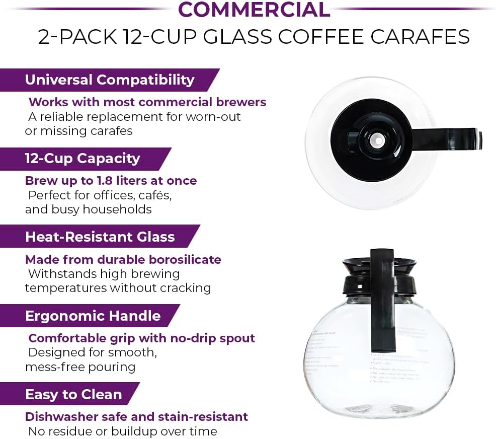 2-Pack 12-Cup Glass Coffee Decanters – Commercial Replacement Coffee Pots for Brewers – 1.8L Heat-Resistant Glass with Ergonomic Handle – Fits Most Commercial Coffee Makers – TQS CAFE