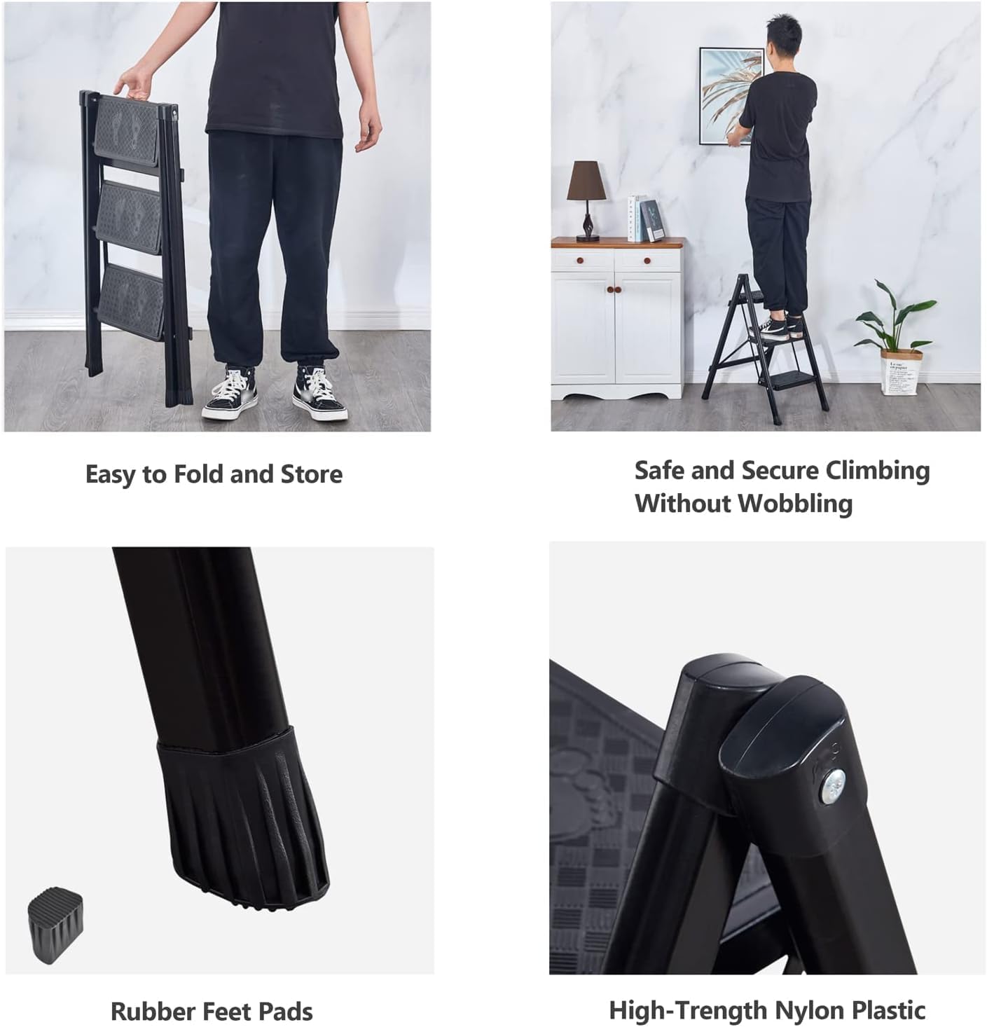 Lightweight 3 Step Ladder - Carbon Steel Folding Stool with Anti-Slip Pedal, 330lb Capacity, Portable Metal Step Ladder for Home, Garage, and Office Use.