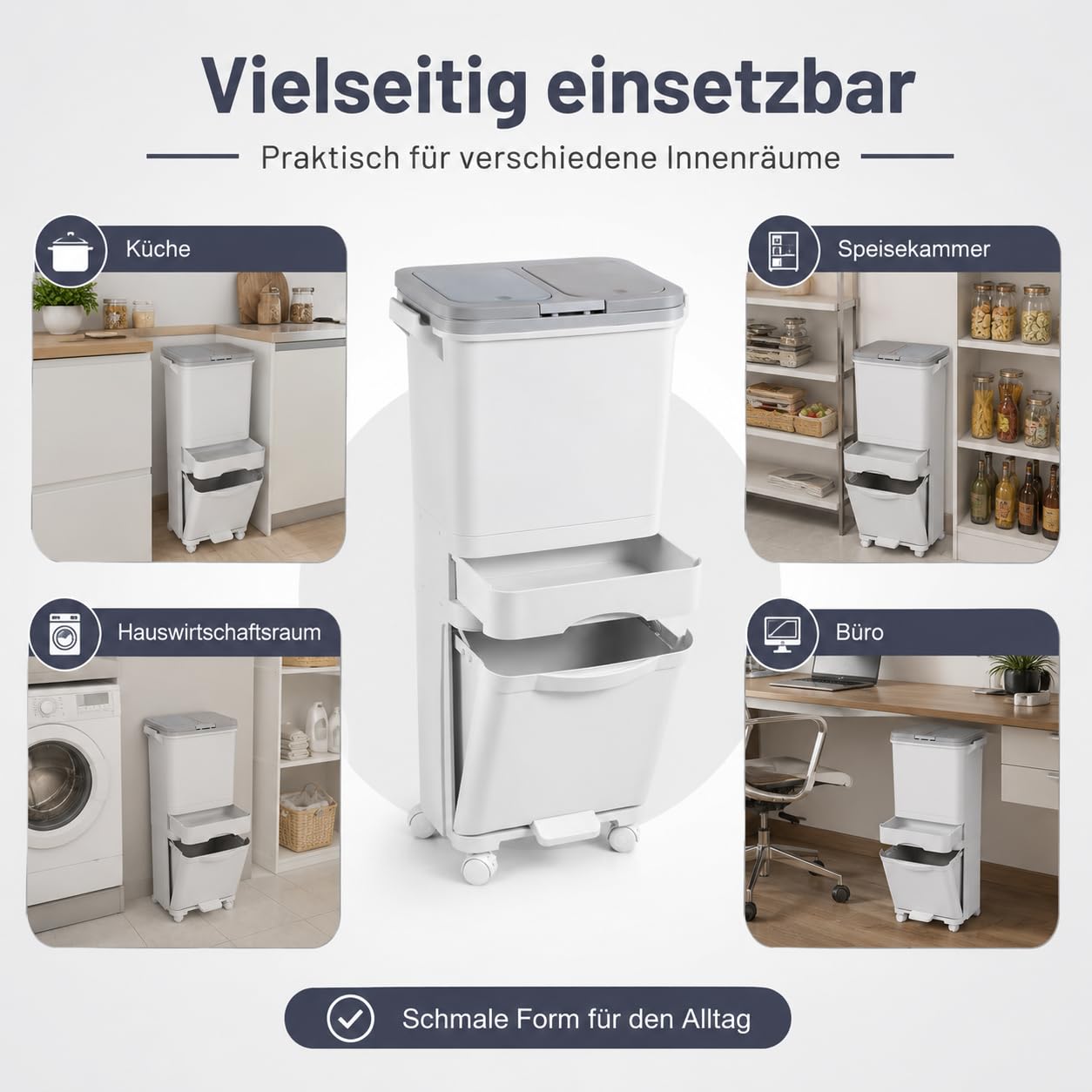 Daromigo Mülltrennsystem Küche 42L, 3 Ebenen Mülleimer Küche Weiß aus PP, Mülltrennsystem 2fach mit Doppel-Inneneimer, Doppeldeckel, Drucköffnung, Fußpedal und feststellbaren Rollen
