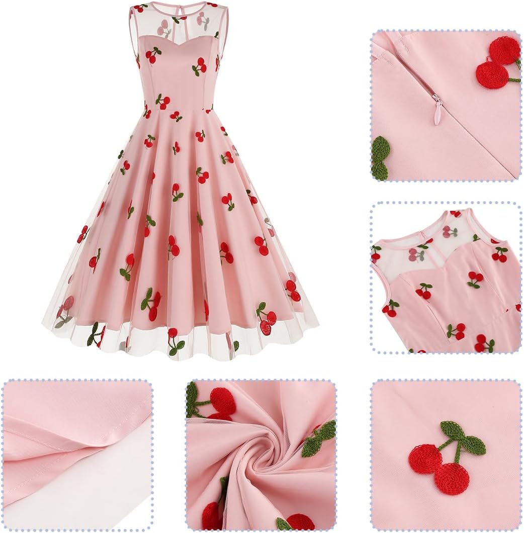 Cherry Print Dresses for Women Short Tulle Prom Dress Sleeveless 50 s Dresses for Women Vintage Cherry Dresses for Women Cocktail Dresses Wedding Guest Evening Formal Sheer Mesh Dress Pink Cherry XL - Image 6