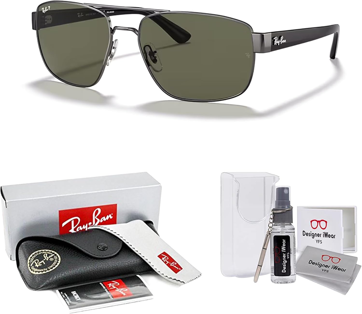 Ray-Ban RB3663 Rectangle Sunglasses for Men +BUNDLE with ACCESSORY EYEWEAR KIT Gunmetal / Green Polarized 60 Millimeters image 2 of 7 B0CW7K3ZQR
