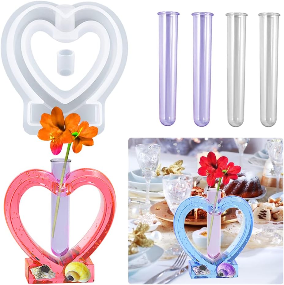 Resin Mold for Plant Propagation Station, Heart Shape Vase Silicone Epoxy Molds with 4pcs Test Tube, Planter Resin Casting Mold for Hydroponic/Flowers, Home Office Decor, Valentines Day Gift