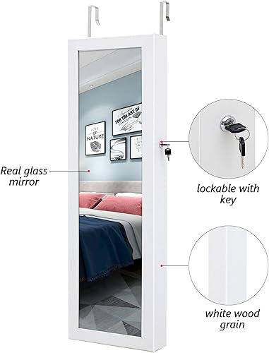 Miniatura 7 de Armario de joyería con espejo de 6 LED, organizador de joyas con cerradura para montar en la paredpuerta con espejo de longitud completa, espejo con