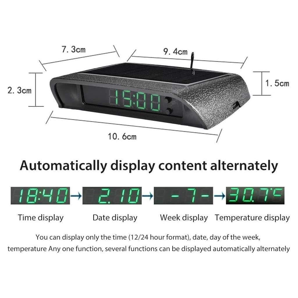 Reloj digital for coche con termómetro y pantalla nocturna, adhesivo interno, con energía solar y 24 horas de duración.