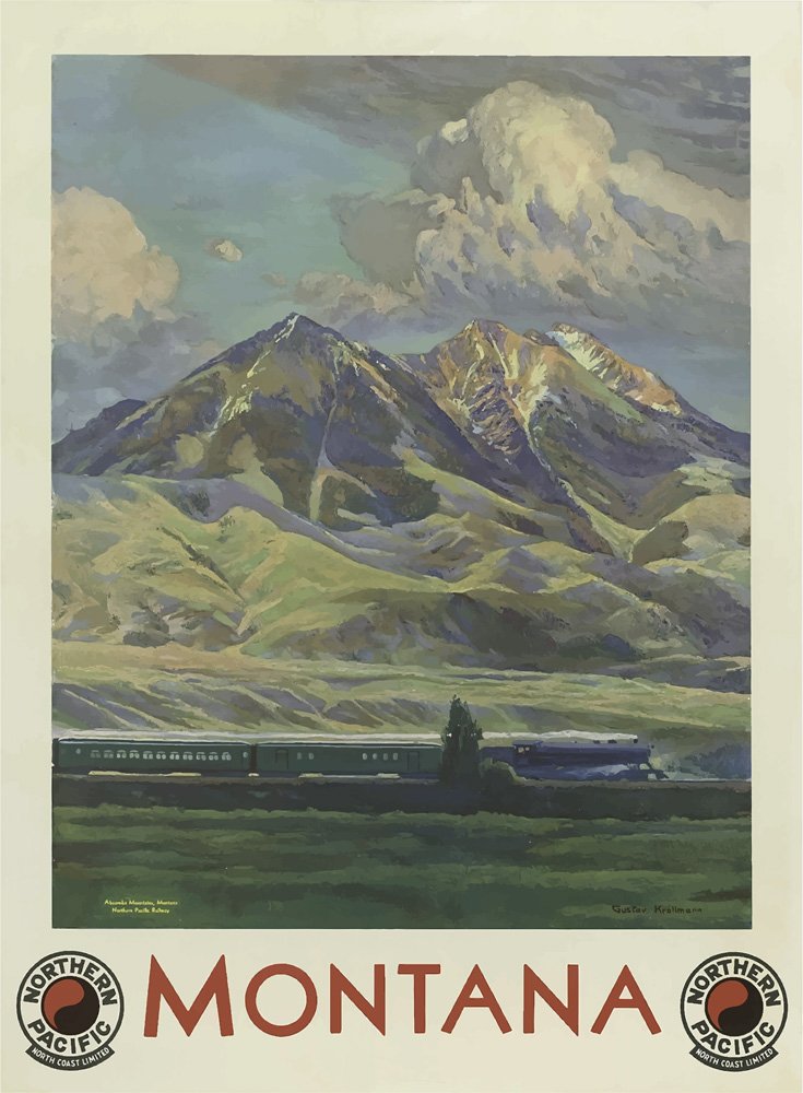 Vintage Montana Northern Pacific États-Unis Amérique Art Deco Poster de Voyage A2 Bois multicolore