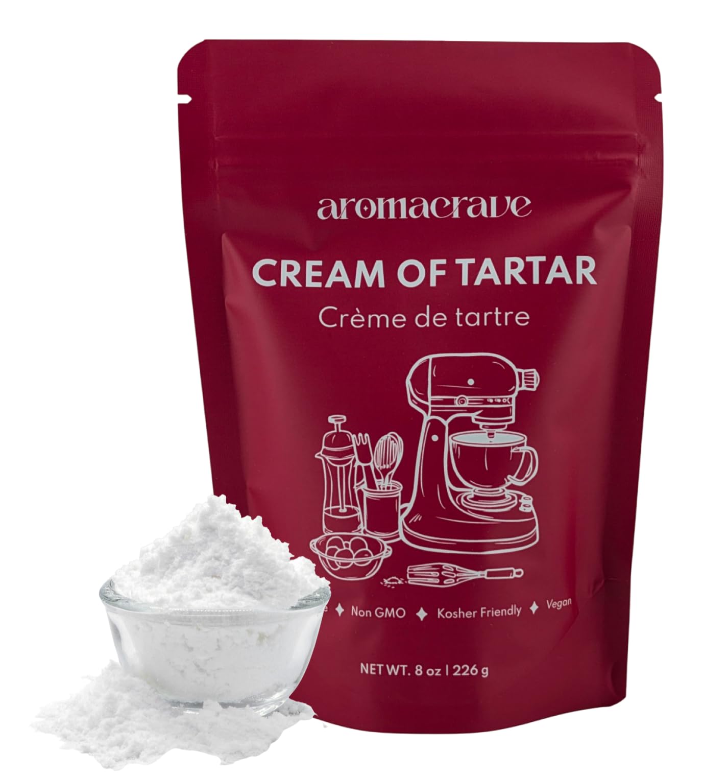 AROMACRAVE Cream of Tartar Powder, High-Purity Potassium Bitartrate for Baking & Cooking, Stabilizes Egg Whites, Prevents Sugar Crystallization, Leavening Agent for Fluffy Baked Goods, Non-GMO, Kosher Certified – 8oz