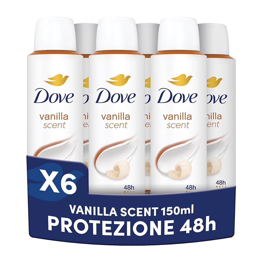 Dove Deodorante Spray, Dove Classic Care Vaniglia, Deodorante Antitraspirante Spray, Protezione Fino a 48 Ore, con 1/4 di Crema Idratante, Formula Delicata, Deodorante Uomo e Donna, 6 Pezzi da 150 ml