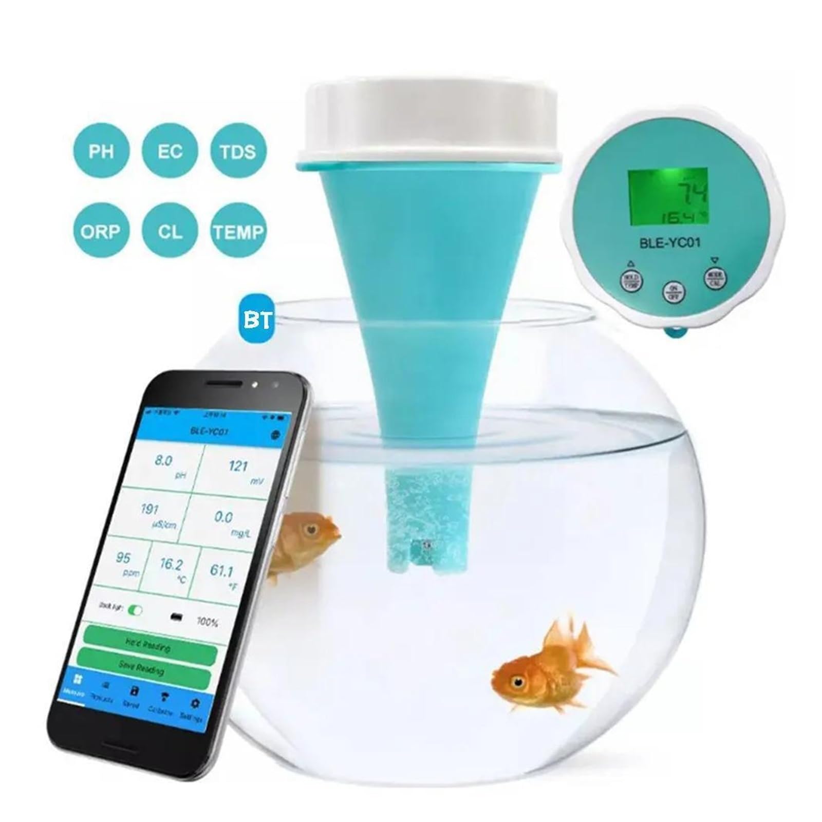 Tester miernika PH, Detektor monitorowania jakości wody w basenie 6 w 1 PH EC zdalny wyświetlacz temperatury TDS Viewin testowanie chloru podświetlenie LCD,Woda pitna, Hydroponika, SPA, Browarnictwo