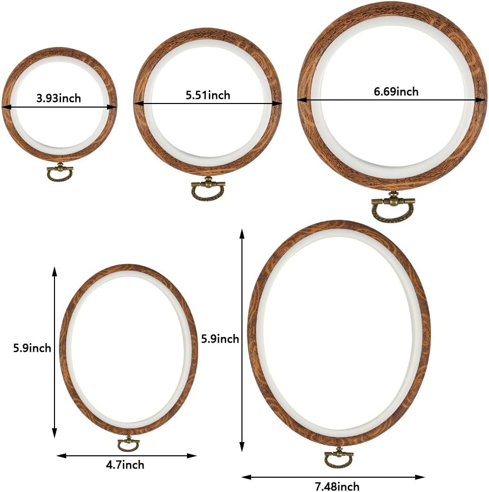 QLOUNI 5 Pcs Embroidery Hoops Set Cross Stitch Hoop Ring Imitated Wood Display Frame-Circle and Oval Hand Embroidery Kits for Art Craft Sewing