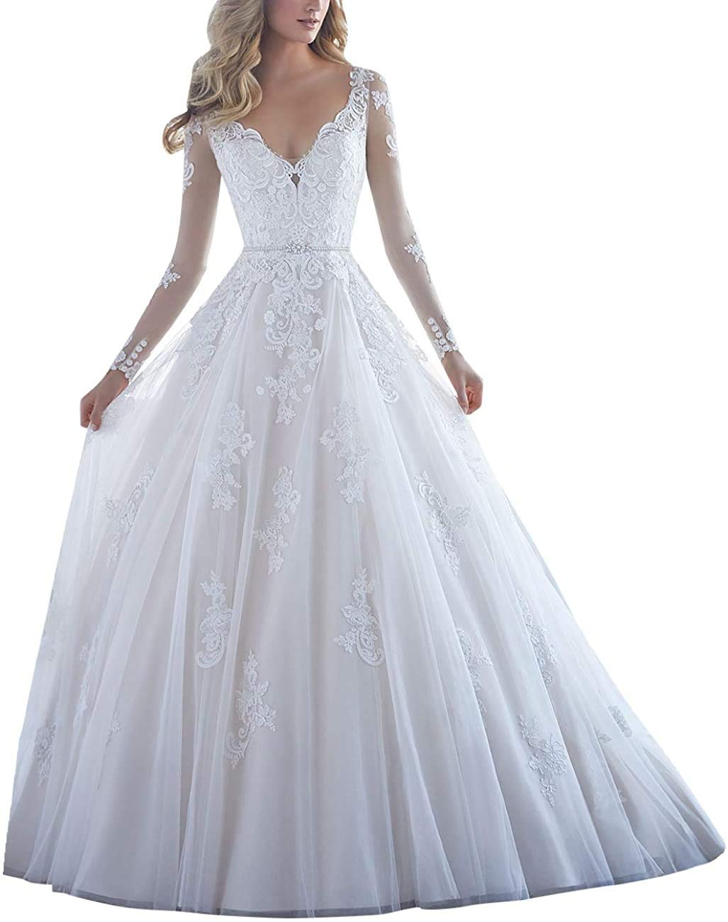 Women's Long Sleeves Lace Appliques V Neck A line Wedding Dress with Train for Bride Princess Bridal Gown