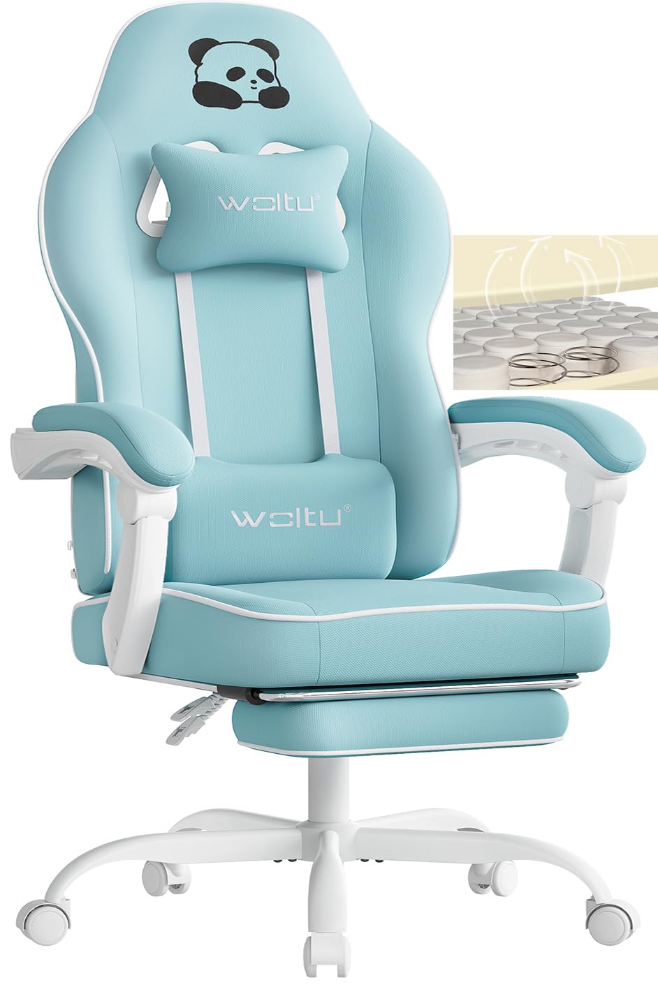 WOLTU Gaming Stuhl mit Taschenfederkissen, Gaming Sessel 150 kg Belastbarkeit, ergonomischer Drehstuhl, Gamer Stuhl mit Kopfkissen, Lendenkissen, Fußstütze, Netzstoff, Hellblau