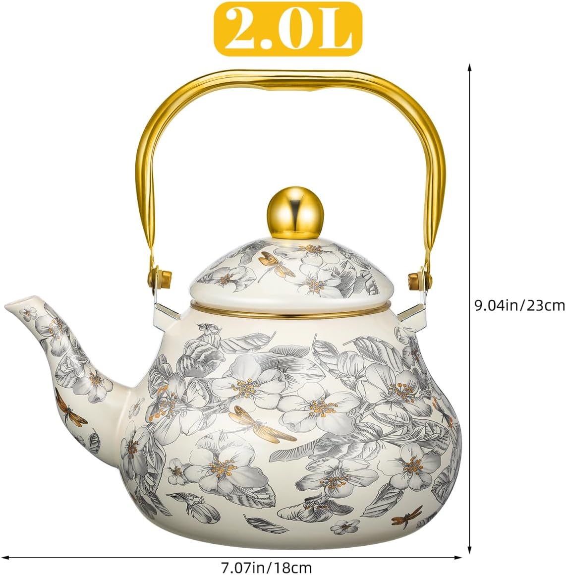 Cabilock Vintage Enamel Tea Kettle, Floral Enamel on Steel Teapot 2L Stovetop Ceramic Teakettle Retro Classic Water Boiler with Cool Handle for Home Kitchen Decor