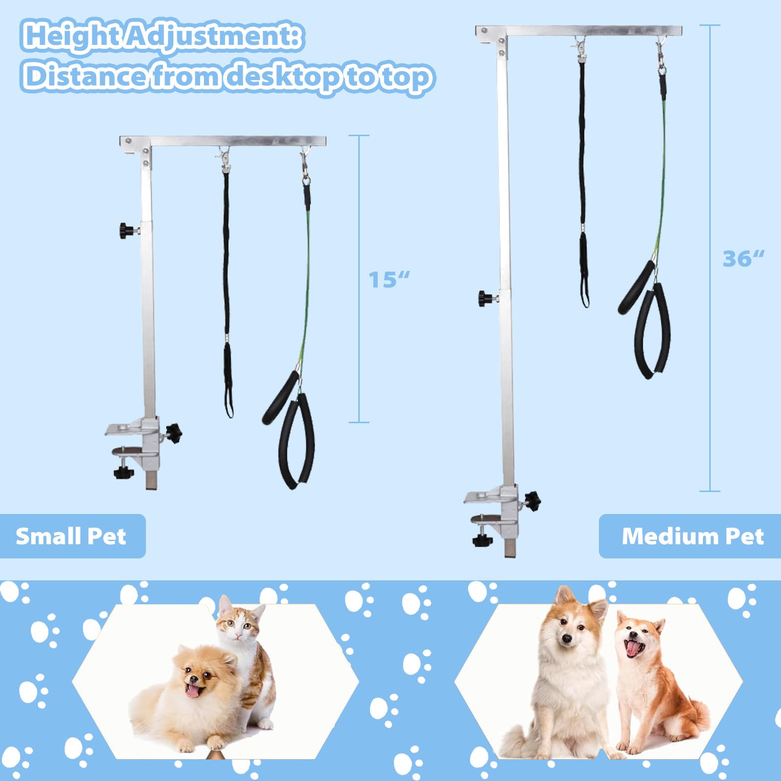 Faltbarer Haustier Fellpflege Arm mit Klemme, Verstellbar Hundepflege Bauchgurt, Faltbarer Tierpflegearm, 90 cm Höhenverstellbar für Große und Kleine Hunde, Professionelle Tierpflege