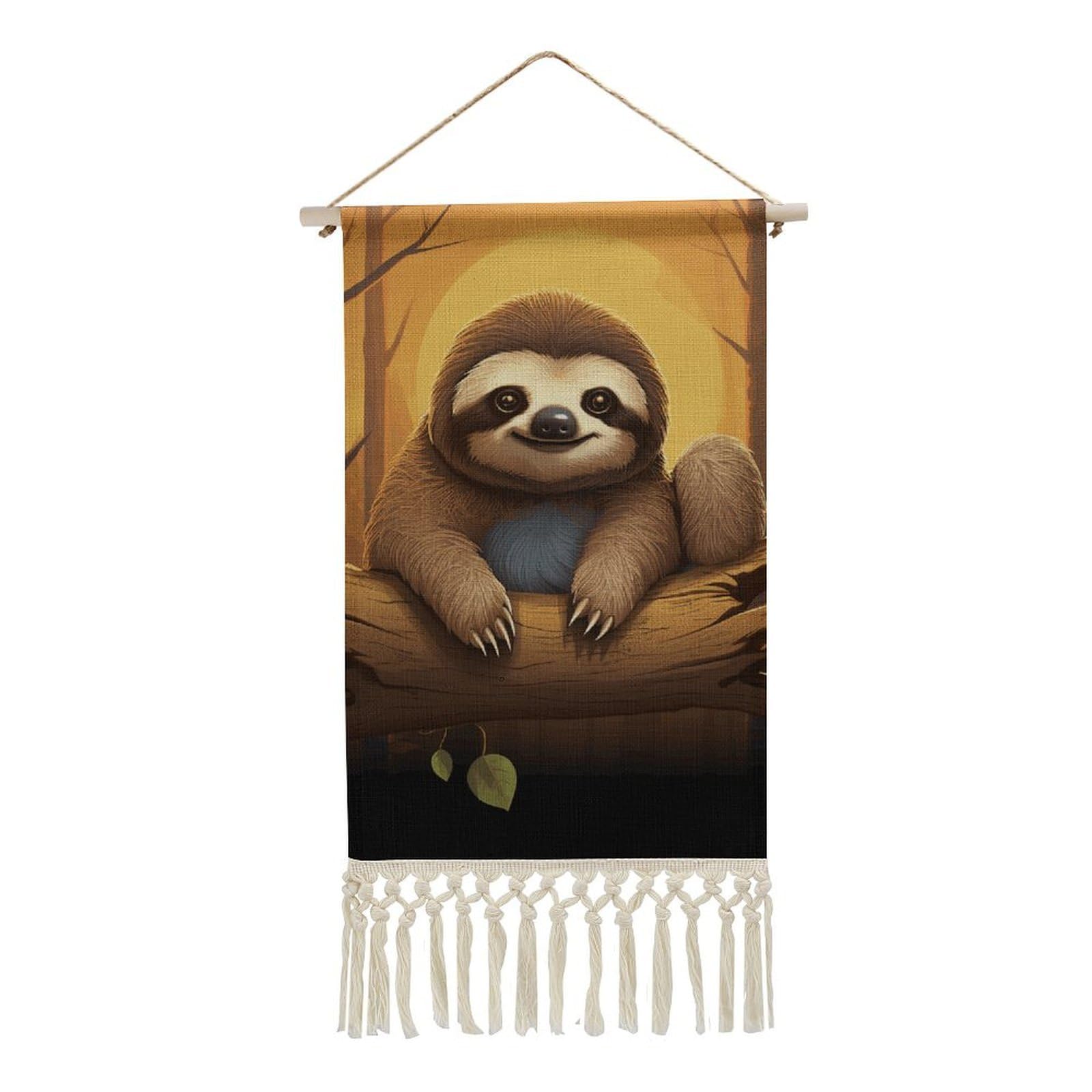 BTCOWZRV Cotton And Linen Hanging Poster with Tassels, Cute Funny Sloth Wall Hanging Tapestry Vintage Wall Art Painting Modern Artwork Decoration for Home Decor Ready to Hang 10x19.6 in