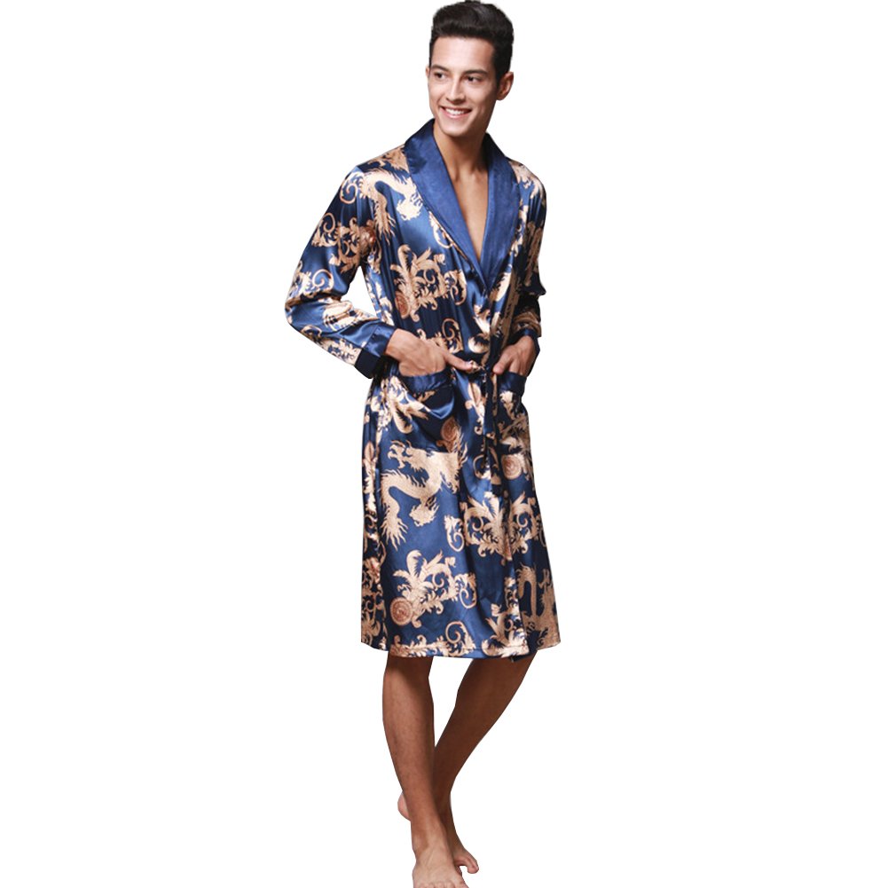 ZUEVI Men's Long Sleeve Satin Kimono Robe Dragon Lightweight Bathrobe Pajamas
