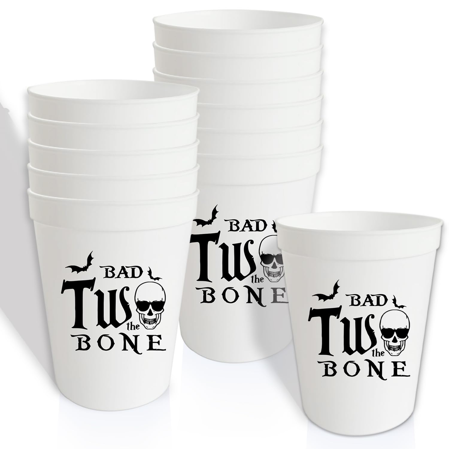 12 Pcs Bad Two The Bone Cups,Born 2 Rock,16oz Rock Roll Bone Skull 2nd Birthday Party Plastic Cups, Baby 2nd Birthday Party Decor Supplies Black & White