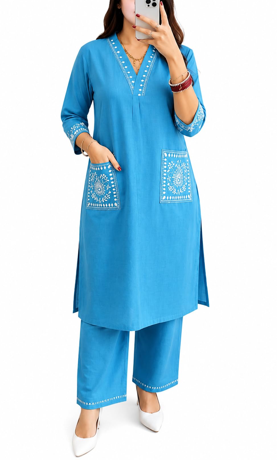 Women's Cotton Slub Embroidered Kurta Pant Set with Front Pockets | V-Neck Straight Kurta & Palazzo Set | Sky Blue-image-39