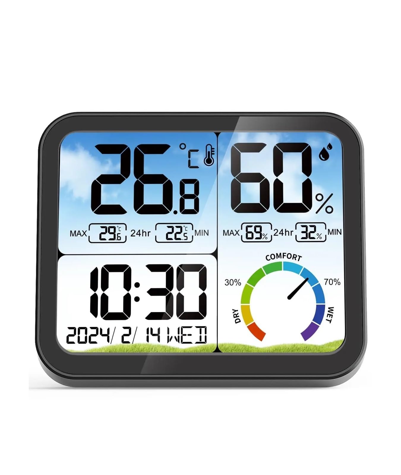 Miernik temperatury i wilgotności LCD ze wskaźnikiem temperatury, ładowaniem przez USB, funkcją daty/zegara, termometrem wewnętrznym, stacją pogodową Prognoza pogody