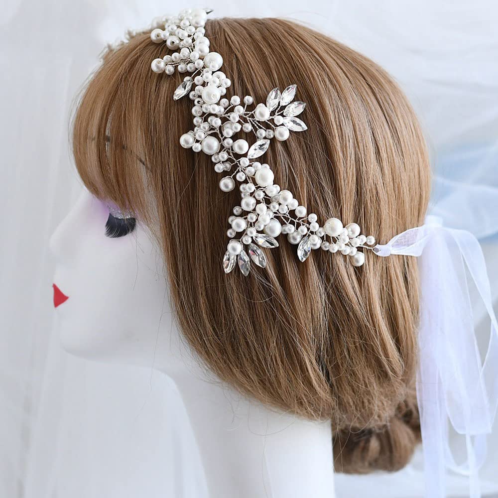 2 Pezzi Donna Accessori Acconciature Sposa Bianche Fascia Capelli Vite a Pelo Breve Cerchietti Damigelle - Gioielli per Testa Dorati Ragazza in Perle e Strass(40cm/15,7 Pollici)