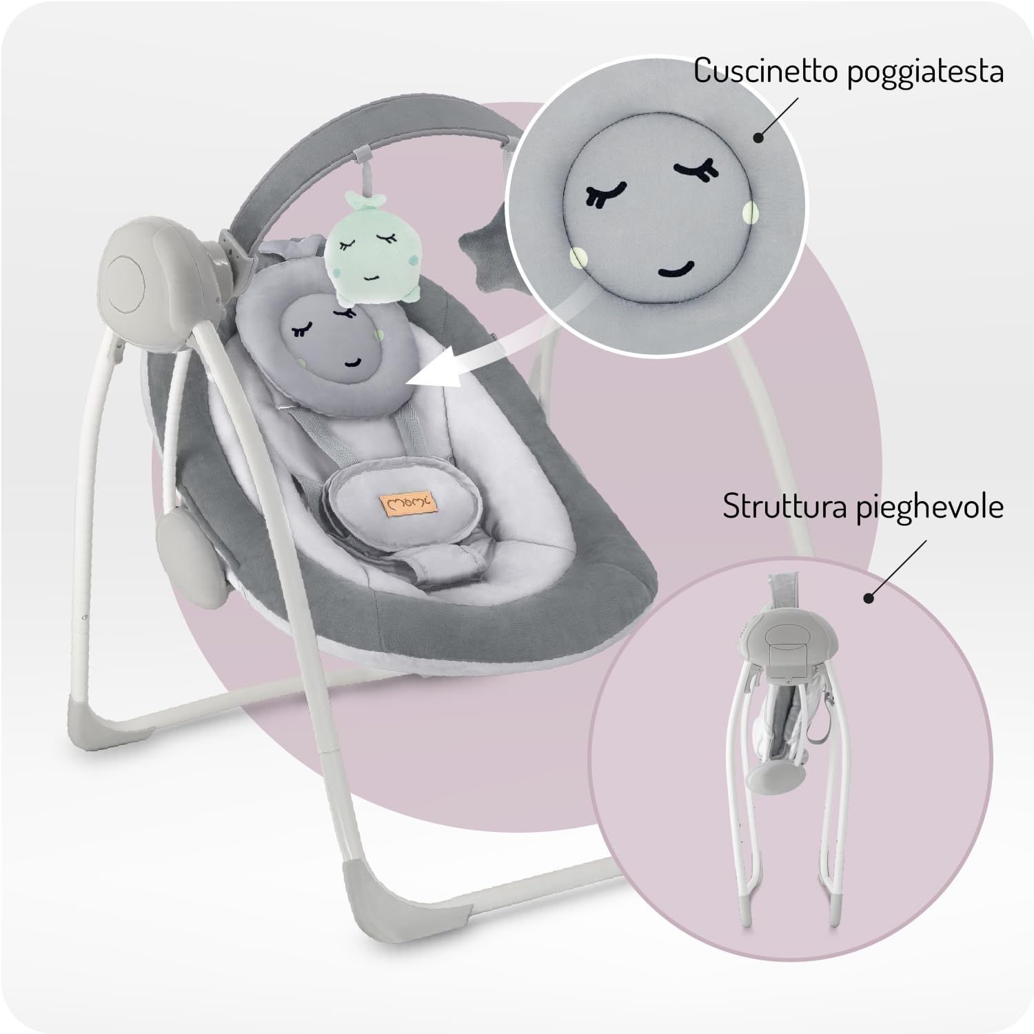 Sdraietta a dondolo MoMi LISS per neonati fino a 9 kg, pieghevole, a batteria o rete con USB, cinture 5 punti, barra con giocattoli, 6 melodie, timer, 5 velocità di oscillazione