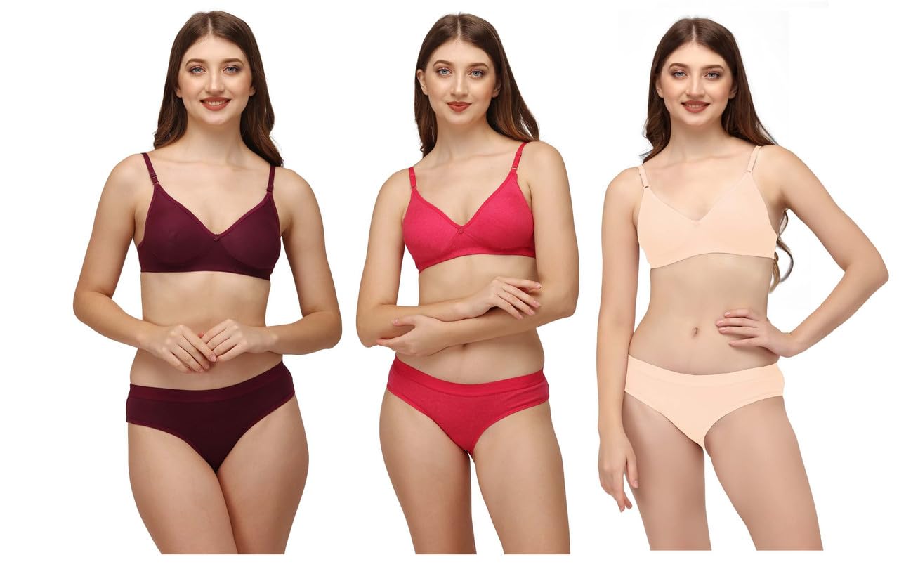 el dinero Women’s Full Comfort Cotton Blend Chami Bra & Panty Set – Breathable Stretch Innerwear Combo, Seamless Fit, Soft Fabric Lingerie Set (Pack of 3)-picture-31