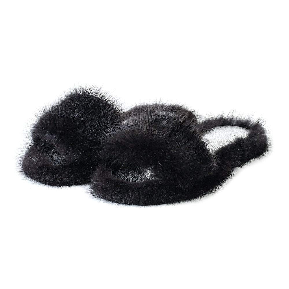 Womens House Shoes Leather Slippers Black Colour Fur of Muskrat Slippers Open Toe Home Slippers