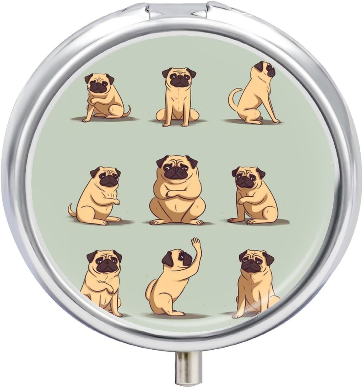 Round Daily Yoga Pug Pill Case with 3 Compartment & Mirror
