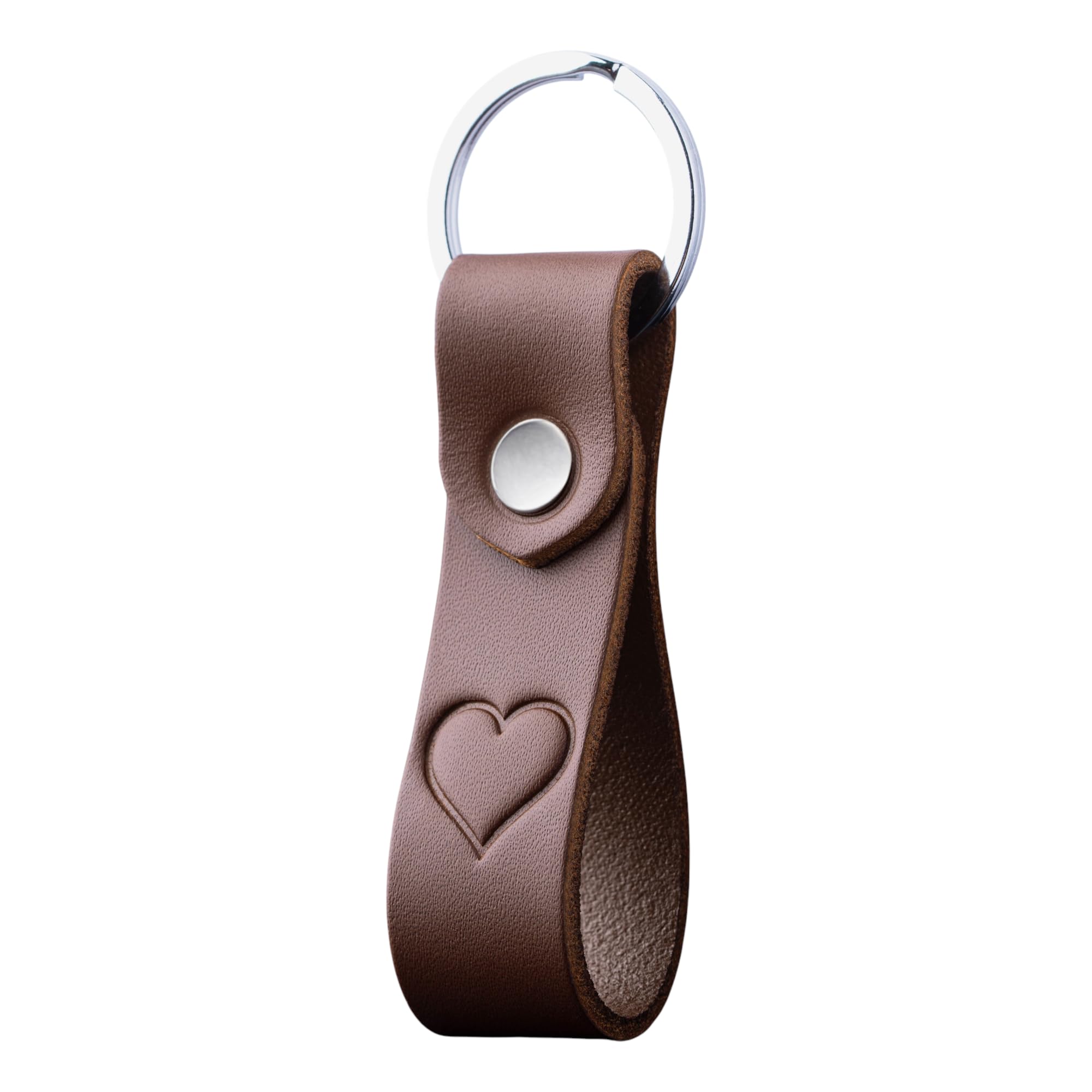Magor Unisex Heart Leather Keyring For Men & Women, Personalised Car Keychain For Him, Her, Dad Or Husband, Full Grain Hot Embossed Matte Brown Leather Key Ring In Gift Box, Minimal Pocket Size (Heart)