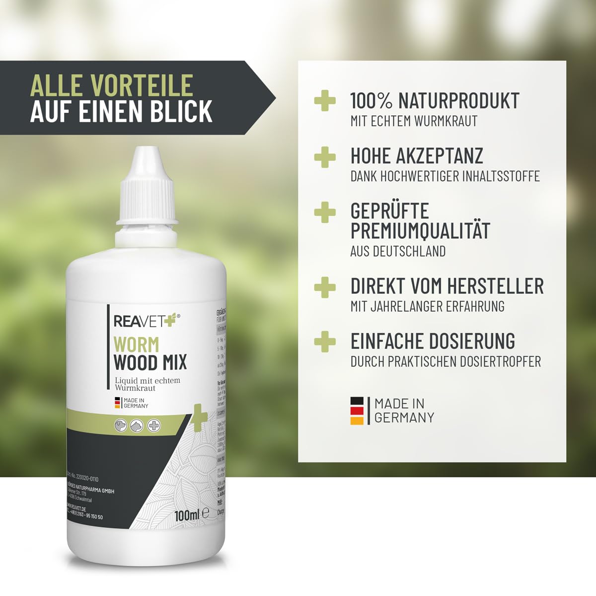 ReaVET Wurm-Kraut Líquido 100ml – para perros y gatos, con artemisa de gusano real (Artemisia Absinthium) en fórmula de plantas basada en receta, adecuado para todas las mascotas