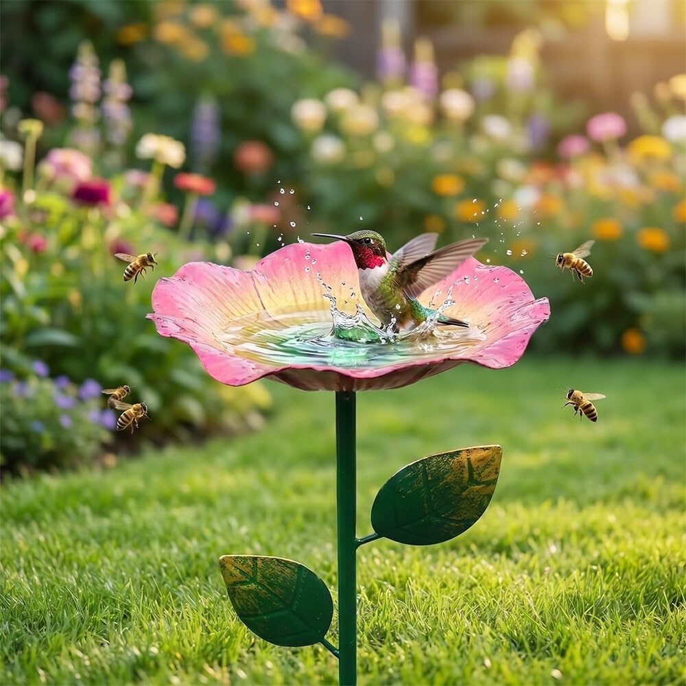 sloiaz Handmade Metal Flower Garden Stake, Colorful Butterfly Bee Water Feeder Bird Bath Bowl, Hummingbird Fountain Bee Watering Station Outdoor Yard Garden Decor(Red,1PC)
