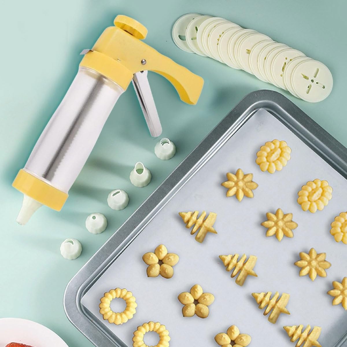 Máquina para hacer galletas con 16 discos de prensa de galletas y 6 puntas de glaseado, herramienta perfecta para hacer galletas Spritz, churros, chocolate y dulces