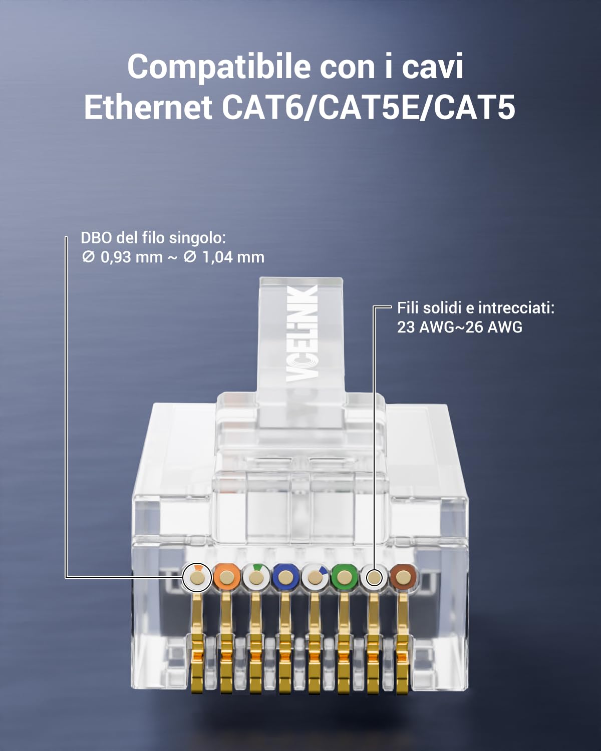 VCE Connettori RJ45 CAT6 Passanti, 25 Pezzi, Plug RJ45 3µ Placcati in Oro, Compatibili CAT6/CAT5E/CAT5, Alta Velocità 1 Gbps