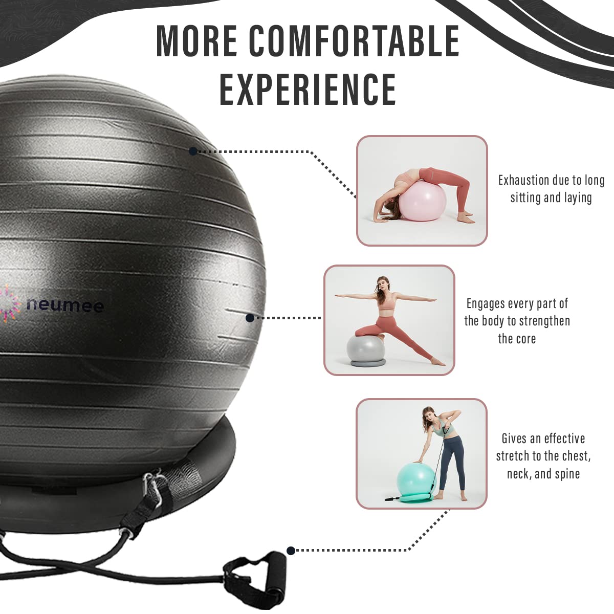 Sedia a sfera con fasce di resistenza, con base di stabilità, per palestra domestica, allenamento per fitness, grande dimensione 65 cm (nero)