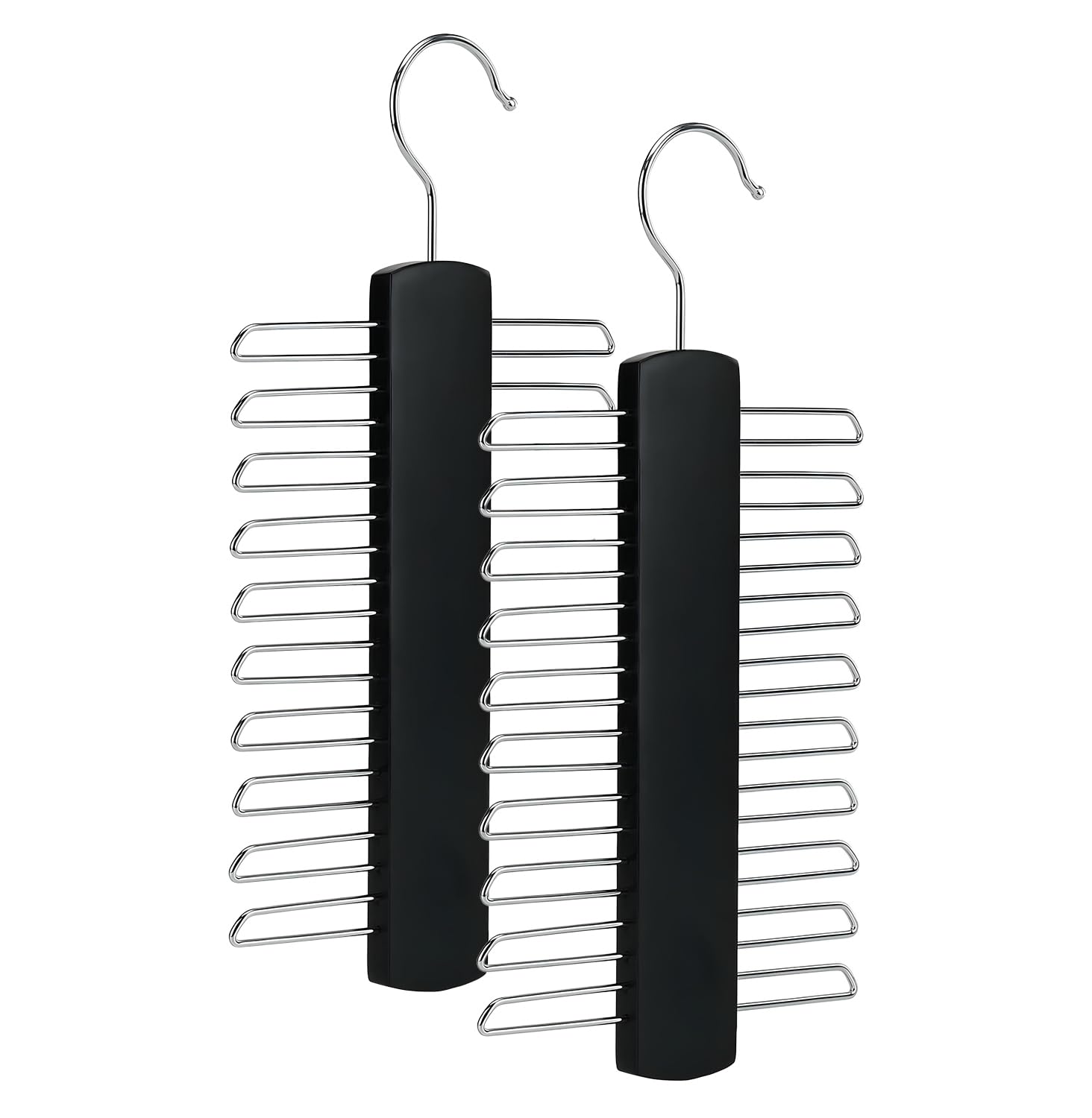 Winsome Pack Of 2 - Black Tie Hanger Wooden Hangers Wardrobe Tie Organiser - Stylish Hanging Storage Rack With 20 Chrome Bars With Swivel Hook For Tie, Belt, Scarf Beech Wood Tie Rack Hanger (Pack Of 2 - Black)