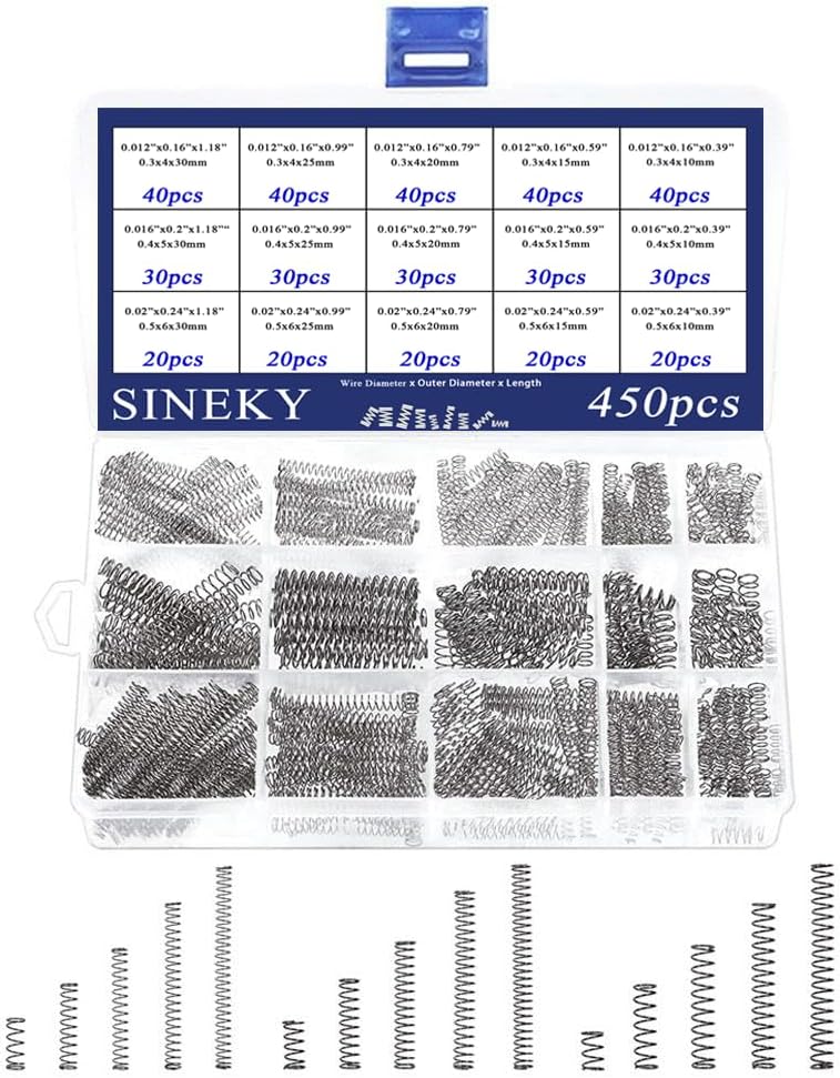 450pcs Compression Springs Assortment Kit, Small Spring Set for DIY Repair Project, 15 Different Sizes Stainless Steel Compressed Spring Kit 10-30mm (0.39"-1.18") Length