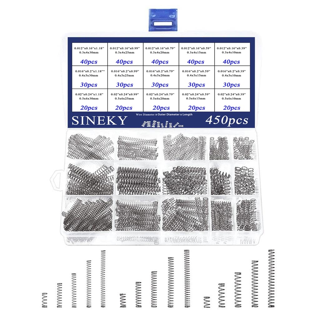 450pcs Compression Springs Assortment Kit, Small Spring Set for DIY Repair Project, 15 Different Sizes Stainless Steel Compressed Spring Kit 10-30mm (0.39"-1.18") Length