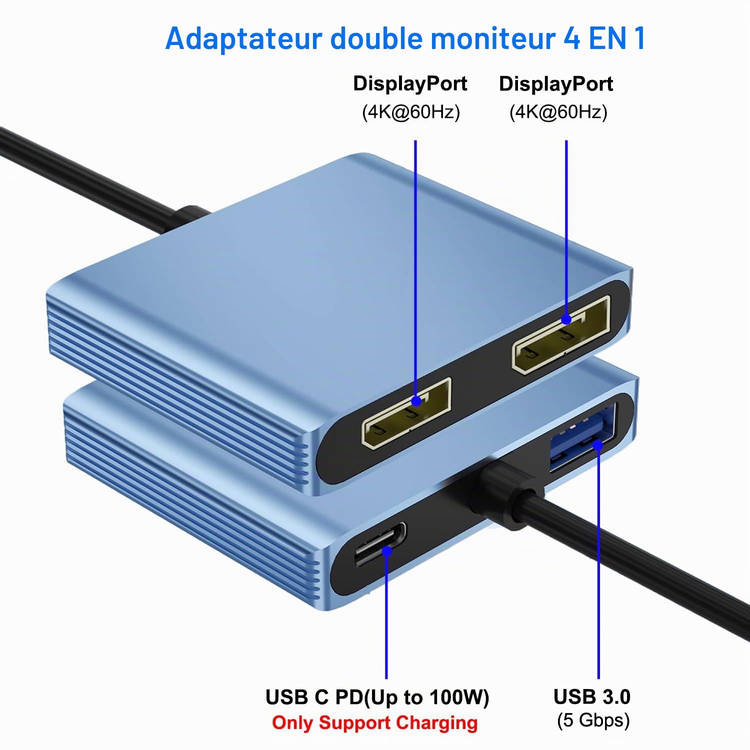Adaptateur répartiteur USB C vers double DisplayPort 4K @ 30 Hz, adaptateur double moniteur pour écran étendu avec 2 DisplayPort/USB 3.0/100 W PD Charge rapide, compatible avec MacBook/HP/Dell/Lenovo