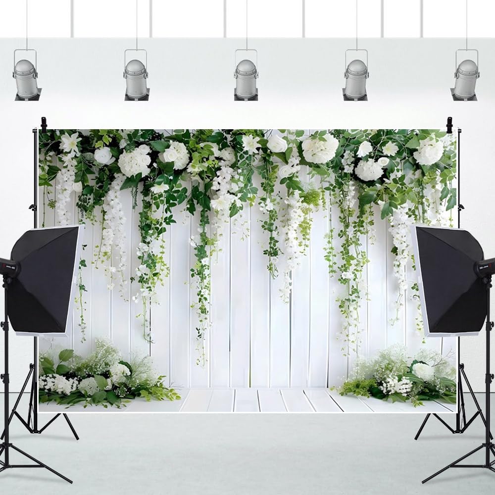 Fleur Blanche Toile de Fond de Mariage 3x2.5m Planche Blanche rétro avec Feuilles Vertes Fond de Douche Nuptiale Florale bébé Fille fête d'anniversaire Portrait gâteau décor de Table