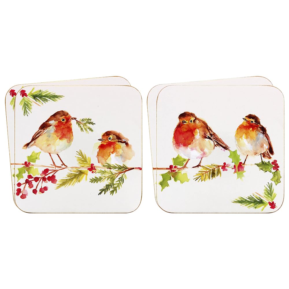 The Leonardo Collection Multicolour Set Of 4 Coasters - Winter Robin Design