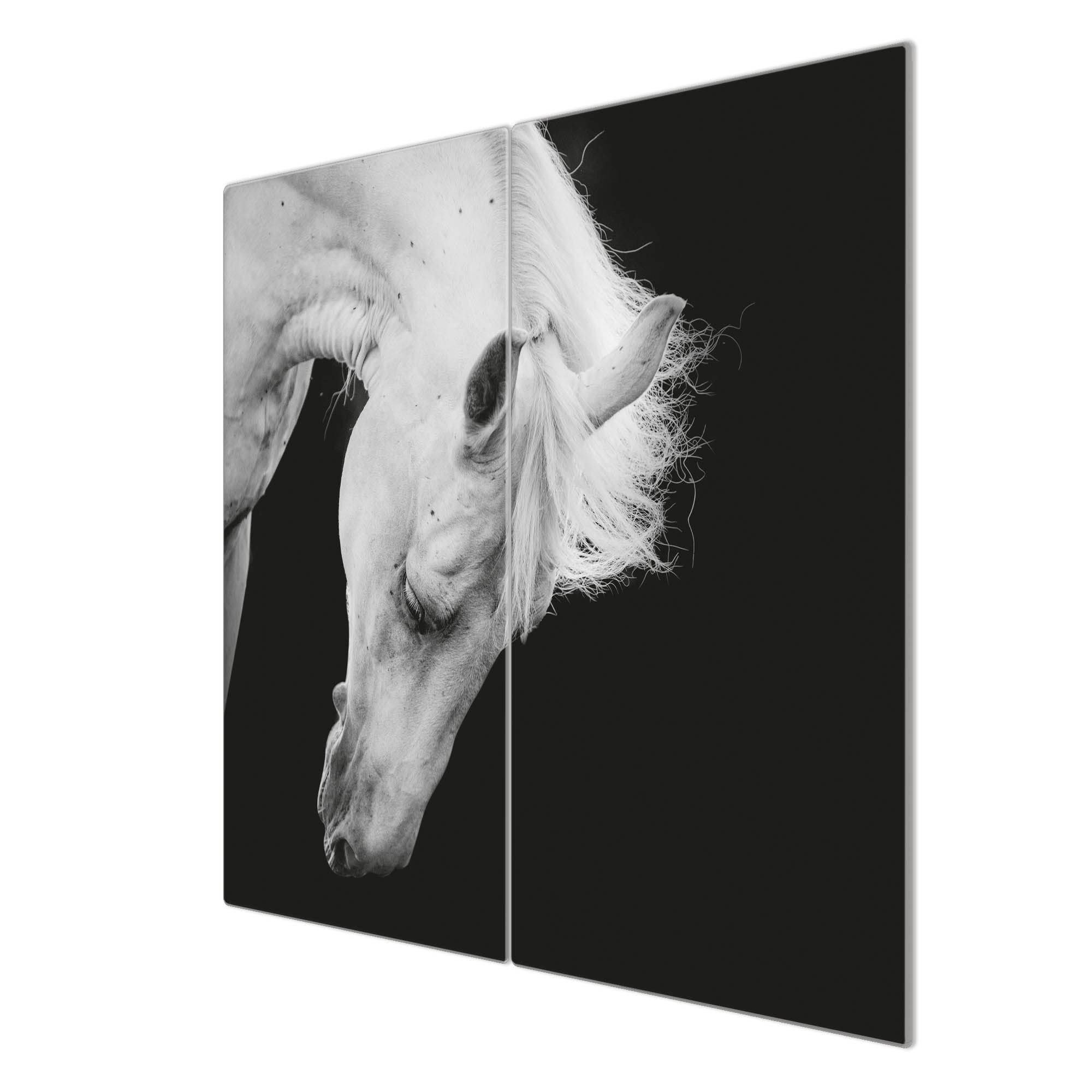 banjado Kochfeld Abdeckung Glas 2-teilig 60x52 cm, Herdabdeckplatte und Schneidebrett für Herdplatte aus gehärtetem Glas, Pferde Küchenmotiv als robuster Spritzschutz mit Motiv Frederik