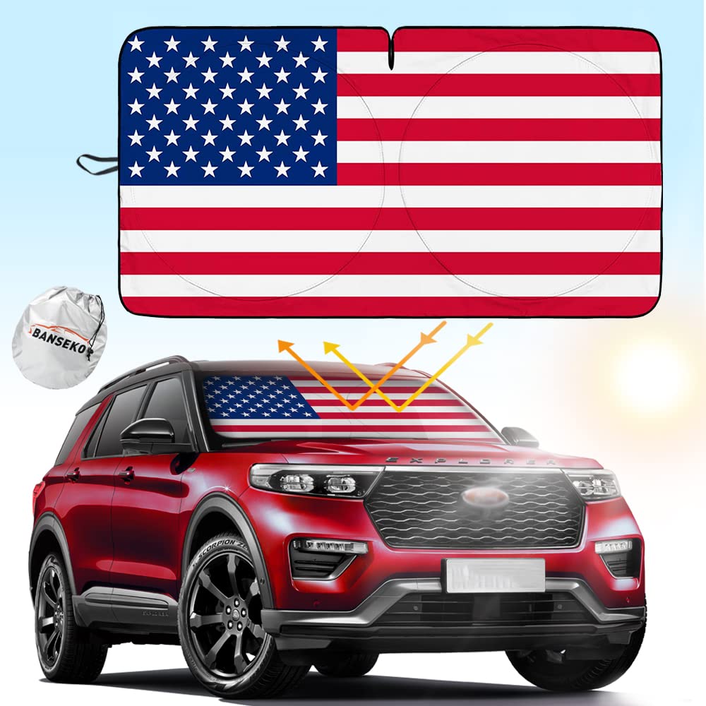 Photo 1 of Banseko Car Windshield Sunshade American Flag Design, Auto Heat Shield Reflector Cover,USA FlagPatriotic Design Windshield Shade,Foldable Sunlight Blocker Reflective Sun Visor (Medium 64"x33.5") Flag Medium64 x33.5